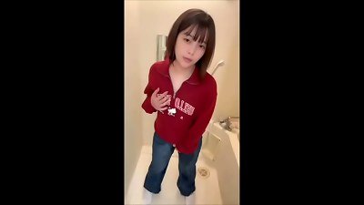 [A movie of a drool-filled university student's routine on her day off] She jerked in the fitting room and pissed in the jeans she bought at home.
